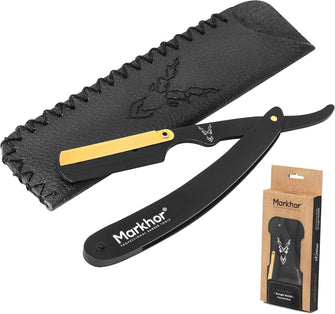 MARKHOR Cut Throat Razor Kit, Matte Black with 24K Gold Plated Straight Razor, Professional Barber Premium Quality Edge Moustache & Beard Shaving Single Blade