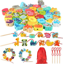 42Pcs Toddler Threading Toys, Wooden Montessori Toys for 2 3 Year Olds Girls Boys, Fine Motor Skills Toys for 5 Year Olds, Educational Learning Toys Gifts Toddler Threading Beads Crafts Activities