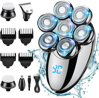 Head Shavers for Men LED Bald Head Shaver 6 in 1 Cordless Rechargeable Electric Shavers with 5 Replaceable Grooming Shaving Heads IPX7 Waterproof Grooming Kit with Beard Clippers Nose Trimmer