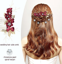 Cinaci 18 Pieces Bridal Wedding Party Prom Pearl Rhinestone Burgundy Flower Hair Side Combs Slides+U-shaped Flower Hair Pins+Twist Spiral Hairpins Floral Headpieces for Brides Bridesmaids Women Girls