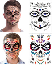 Halloween Face Temporary Tattoos (8Pack), Howaf Day of the Dead Sugar Skull Floral Black Skeleton Web Red Roses Transfers Face Tattoo for Women Men Adult Kids Halloween Party Favor Supplies