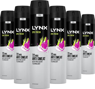 Lynx Epic Fresh 72-hour protection against odour and wetness Anti-perspirant Deodorant aerosol with a grapefruit & tropical pineapple scent 250 ml pack of 6