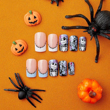 EONFAVE Press on Nails Medium Length - Spiderweb Skull Square Fake Nails French Tip Glossy - Acrylic French Stick on Nails with Glue - Fake Nails for Women Girls Suitable for Halloween Party