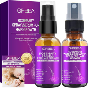 GIFBEA Rosemary Oil Serum for Hair Growth W/Rosemary Water & Rice Water Spray Hair Growth,Biotin Castor Oil Argan Oil Caffeine Keratin Reduce Hair Loss,Hair Thickening Products Treatment for Women Men