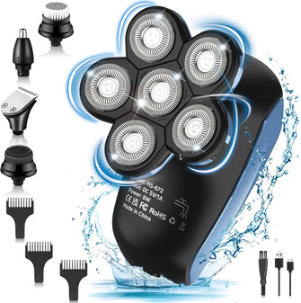 Head Shaver for Men 6D, 6 in 1 Rotating Electric Shavers for Bald Men Wet & Dry USB Rechargeable IPX7 Waterproof 100% Washable Professional Rotary Shavers Cordless Beard Trimmer MS-672