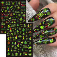 Kalolary 9 Sheets Luminous Nail Art Sticker Decals, Christmas Self-Adhesive Glow in Dark Nail Decals Christmas Tree Reindeer Snowflakes Design for Nail Art Decoration Christmas Parties