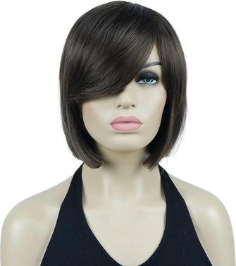 Lydell 8" Straight Short Wigs Bob Hair with Bangs Cute Central Dot Top Heat Resistant Synthetic Wigs (Light Chestnut Brown)