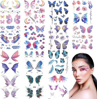 14Sheets Butterfly Temporary Tattoos, Glitter Butterfly Face Tattoo Sticker Waterproof Fairy Wings Temporary Tattoo for Women Girls Festival Party Eye Face Makeup