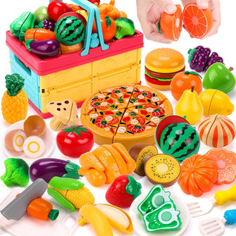 KaeKid 70PCS Kids Pretend Play Food Sets for Children Kitchen Toys, Cutting Vegetable Fruit Pizza Food Toy Kitchen Accessories with Basket,Gift for Kids Girls Boys 3+ Years Old