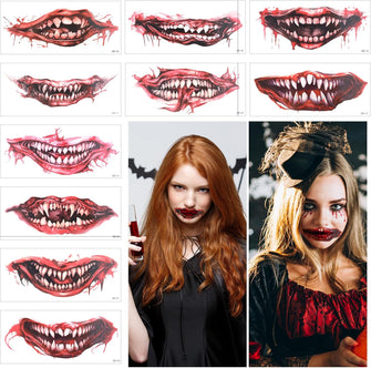 Amaxiu Halloween Prank Makeup Temporary Tattoo, 10PCS Large Size Halloween Mouth Tattoo Stickers Clown Horror Mouth Fake Tattoo Sticker Scary Big Mouth Face Tattoos Decals for Halloween Cosplay Party