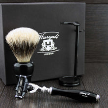 Haryali London Hand Assembled Black Coloured 3 Pc Shaving Set with 3 Edge Cartridge Razor,Pure Silver Tip Badger Hair Brush & Dual Stainless Steel Stand Perfect Kit for Men.