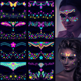 Glow in the Dark Temporary Tattoos Face Stickers Festival Glitter Neon Accessories 8Pcs Fake Tattoo Self Adhesive Waterproof Sticker Makeup Party