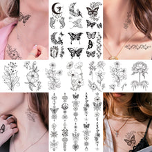 Acevegue 100 Sheets Tiny Branch Temporary Tattoos for Women Girls, Semi Permanent Black Flowers Wild Plant Rose Dandelion Butterfly Stickers, Realistic Small Fake Tattoos for Adults and Kids