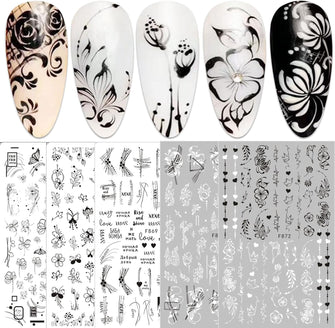 10 Sheets Spring Flowers Nail Art Stickers Decals Self-Adhesive Black White Blossom Floral Nail Supplies Nail Art Design Decoration Accessories