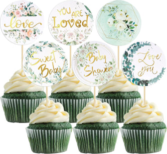 Gyufise 36Pcs Baby Shower Cupcake Toppers Baby Cupcake Toppers Gold Woodland Jungle Safari Theme Cupcakes Decor Gender Reveal Cake Topper Boy Girl Birthday Party Green Leaf Cake Decorations