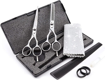 Haryali London Professional Hairdressing Barber Scissors Set Thinning Texturing Hairdresser Hair Cutting Shears with Adjustable Screw, Comb, Oil Bottle and Cloth Comes in Black Box