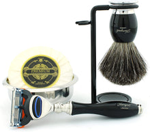 Haryali London Shaving Kit - Black - 5pc Shaving Set - Super Badger Shaving Brush - 5 edge Shaving Blade Shaving Razor - Shaving Stand - Shaving Soap - Shaving Bowl