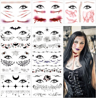 Kiiwah 9 Sheets Halloween Scary Face Tattoos, Fake Scars Spider Web Blood Halloween Temporary Tattoo Stickers for Adults Kids Cosplay Halloween Costume Party Make-Up