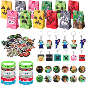 ARIEL-GXR 100pcs Gaming Party Bag Fillers, Gamer Party Favours, Party Bag Filler Set with Party Bags Gaming Keychain Silicone Bracelet Button Pins, Goodie Bag Fillers for Kids Boys