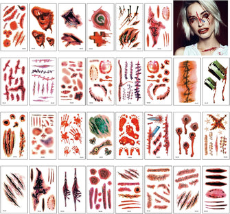 Halloween Scars Tattoos, Zombie Makeup Kit 30 Sheets, Wound Vampire Bite Fake Scab Blood for Adults Kids Halloween Party Cosplay Costume Decorations