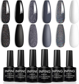 INPING Sparkly Planet Series Gel Nail Polish, 6 Colors Shiny Gel Polish Set Black White Dark Gray Gel Required Soak Off UV LED Lamp Nail Art Varnish