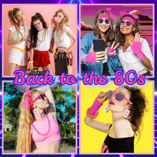 Chennyfun 17PCS Ladies 80S Pink Accessories, Pink 80s Fancy Dress for Women Girls, Fancy Party Costume Accessories Set with T-shirt Fishnet Gloves Lace Bow Headband Tape Earrings Sunglasses