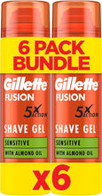 Gillette Fusion Shave Gel for Men with Almond Oil, For Sensitive Skin, 5X Action: Cleanses, Hydrates, Protects, Refreshes, and Soothes, 6x200ml