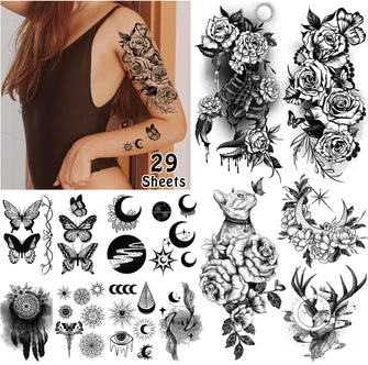 Acevegue 85 Styles Temporary Tattoos for Women, Half Arm Flowers Fake Tattoos Sleeves for Adults, Black Butterfly Transfer Stick on Tattoo for Girls Semi Permanent Thaddeus Tattoo Stickers