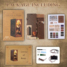 CRIOLPO Book Nook Kit - DIY Dollhouse Booknook, Book Nook Miniature Kit for Bookshelf Insert Decor Crafts for Adults Teens, 3D Wooden Puzzle Bookends with Sensor Led Light (Library of Books)