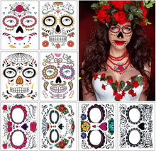 Halloween Face Tattoos, 8 Kits Day of the Dead Sugar Skull Temporary Tattoos, Scary Face Makeup for Masquerade and Parties