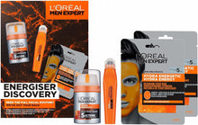 LOreal Men Expert Energiser Discovery Gift Set, Mens Skincare Gift For Him Featuring: Hydra Energetic Vitamin C Anti-Fatigue Moisturiser [50ml], Anti-Fatigue Eye Roll-On [10ml] and Sheet Mask x2