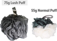 Lush Puffs - 3 Pack Large 75g Deluxe Loofah Body Scrubbers. Rich Lather Shower & Bath Poufs for Skin Exfoliating & Washing. Lush Scrunchie Sponge. Quality Made & Long Lasting. Three Shades of Grey.