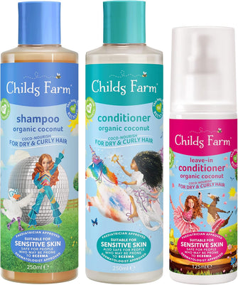 Childs Farm, Kids Hair Coco-Nourish Regime Bundle, Shampoo 250ml, Conditioner 250ml and Leave-in Conditioner 125ml, Dry, Curly and Coily Hair