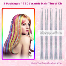 Huiguli Hair Extension Tinsel with tools 1100 Strands Holographic Glitter Hair Extensions Sparkling Shiny Hair Tensile Long Dazzle Synthetic Hair for Women Girls festival Party Decoration (Silver)