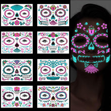 Halloween Face Temporary Tattoos, Halloween Neon Face Tattoos, 8pcs Glow in the Dark Tattoos for Day of the Dead, Halloween Neon Party, Halloween Makeup Horror Theme Parties (B)