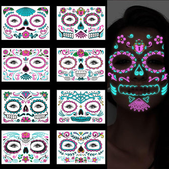 Halloween Face Temporary Tattoos, Halloween Neon Face Tattoos, 8pcs Glow in the Dark Tattoos for Day of the Dead, Halloween Neon Party, Halloween Makeup Horror Theme Parties (B)