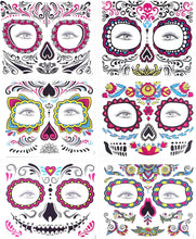 Halloween Face Temporary Tattoos, 6 Sheets Day of the Dead Face Tattoo Sugar Skull Skeleton Make Up Sticker Halloween Tattoos for Halloween Makeup Cosplay Costume Party Carnival Masquerade Y7YGLPWST