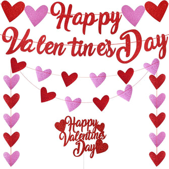 ELECLAND 5 Pcs Valentine's Day Decorations 4 Pcs Glitter Valentine's Day Banner with Happy Valentine's Day Cake Topper Valentines Day Garland for Party Anniversary Wedding Engagement Bridal Shower