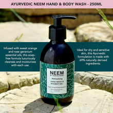 NEEM Sunita Passi - Ayurvedic Neem Hand & Body Wash, 250ml - Nourishing Neem Shower Gel - Sweet Orange & Rose Geranium Essential Oils - Soap Free Cleansing - Vegan & Natural