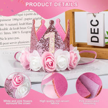 KufaerBeam First Birthday Crown Hat and Birthday Flag for Baby Girls, 1st Birthday Crown Hat Decorations with Cute Floral, Headband Gift Photo Prop 1st Birthday Party Supplies for Baby