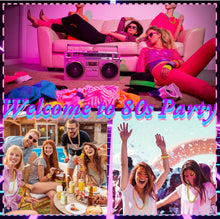 Chennyfun 17PCS Ladies 80S Pink Accessories, Pink 80s Fancy Dress for Women Girls, Fancy Party Costume Accessories Set with T-shirt Fishnet Gloves Lace Bow Headband Tape Earrings Sunglasses