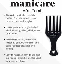 Manicare Afro Comb For Detangling And Styling, Professional Hairdressing Tool For Curly, Wavy, Frizzy And Afro Hair, Wide Tooth Anti-Static, Reduces Breakage, Pulling And Gentle On The Hair And Scalp