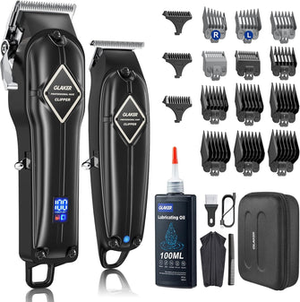 GLAKER Professional Hair Clippers Men + T-Blade Trimmer Kit - Cordless Hair Cutting Kits with 15 Premium Guards, Complete Barber Kit with Large LED Display & Storage Bag for Mens Grooming (Black)