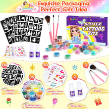 Glitter Tattoos for Kids, Sparkly Birthday Gift for 6 7 8 9 10 Year Old Girls, Temporary Tattoo Set Including Glitter, Tattoo Stencil, Luminous Tattoo, Art and Craft Gift for Kids Age 6-12