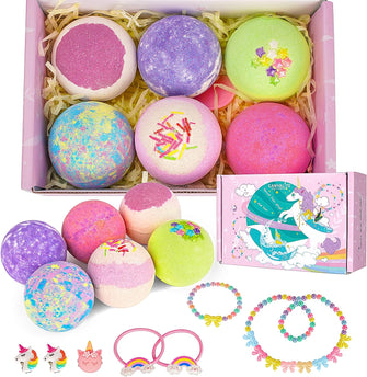 Canvalite Natural Bath Bombs for Kids with Surprise Toy Jewelry Inside 6PCS Handmade Bubble Bath Bomb Gift Set, Birthday Easter Christmas Girls Gifts with Unicorn Jewelry Bubble Spa Fizzy Bath Bombs