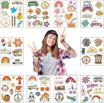 10PCS Hippie Temporary Tattoo Trendy Hippie Flower Tattoo Sticker Face TattoosWaterproof Fake Tattoo Stickers for Adults and Kids Love and Peace Sign Temporary Tattoo Party Favor Hippie Accessories