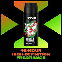 Lynx Africa the G.O.A.T. of fragrance 48 hours of odour-busting zinc tech Aerosol Bodyspray deodorant to finish your style 150 ml