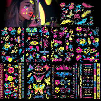 DPKOW 9 Large Sheets Neon Temporary Tattoos, 100+ Assorted Designs Glow UV Neon Body Face Flowers Butterfly Flash Fake Waterproof Tattoo Stickers for Women Men Girls Body Art