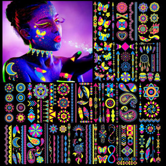 HOWAF 20 Sheet Neon Temporary Tattoos, Neon Tattoos Glow In The Dark Tattoos UV Tattoos Neon Waterproof Tattoo Stickers Fake Tattoos Glow In The Dark Tattoos for Kids Adults Women Girls Face Body Art