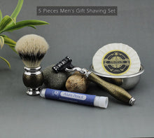 Haryali London Shaving Kit - 5pc Shaving Brush Set - Gold antique Shaving Set - Silvertip Badger Shaving Brush - 3 edge Shaving Blade Shaving Razor - Shaving Soap - Shaving Bowl - Alum Stick